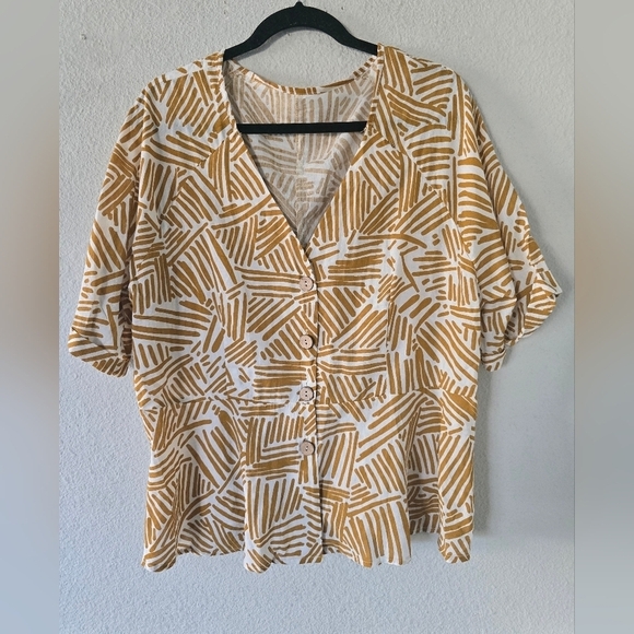 SHEIN Blouse Womens 2X Mixed Print Tropical Wooden Detail Buttons Flare … - Picture 2 of 11